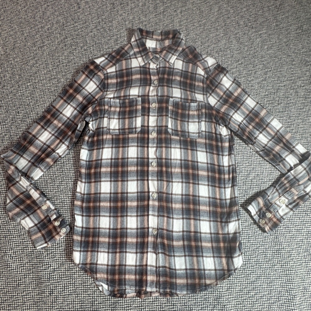Mossimo Supply Co Womens XS Plaid Boyfriend Fit Rayon Button Down Shirt Brown